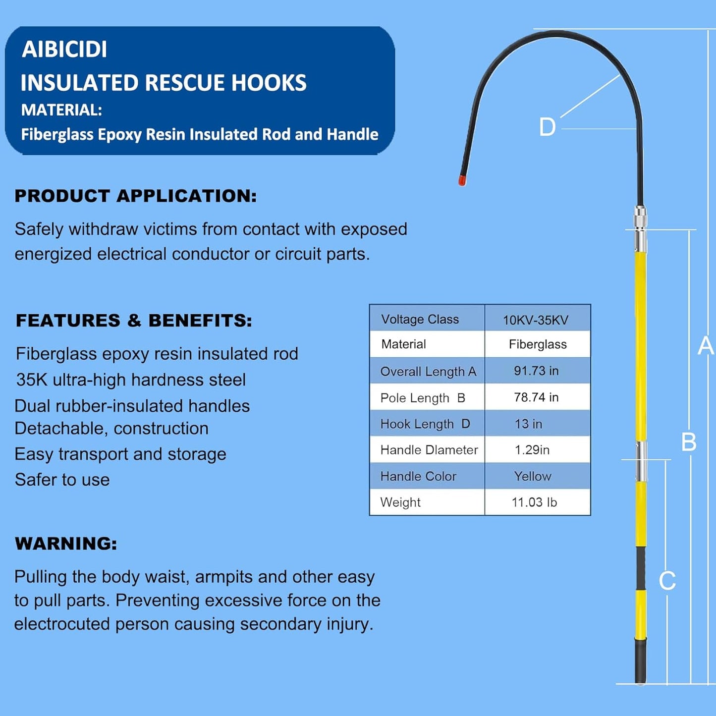 Rescue Hook with 18 inch Opening, High Voltage Insulated Epoxy Resin Telescopic 10kv35kv, 7.6-Foot Anti-Electrocution