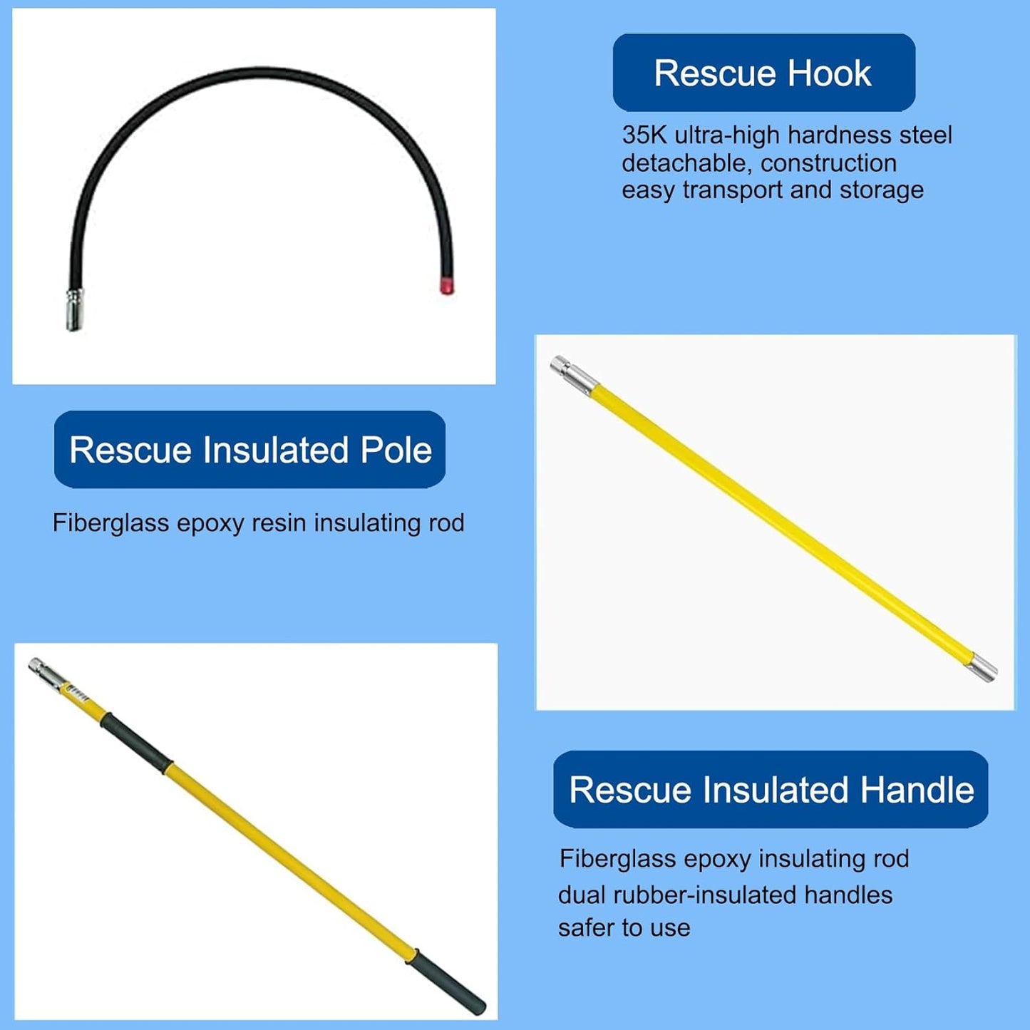 Rescue Hook with 18 inch Opening, High Voltage Insulated Epoxy Resin Telescopic 10kv35kv, 7.6-Foot Anti-Electrocution