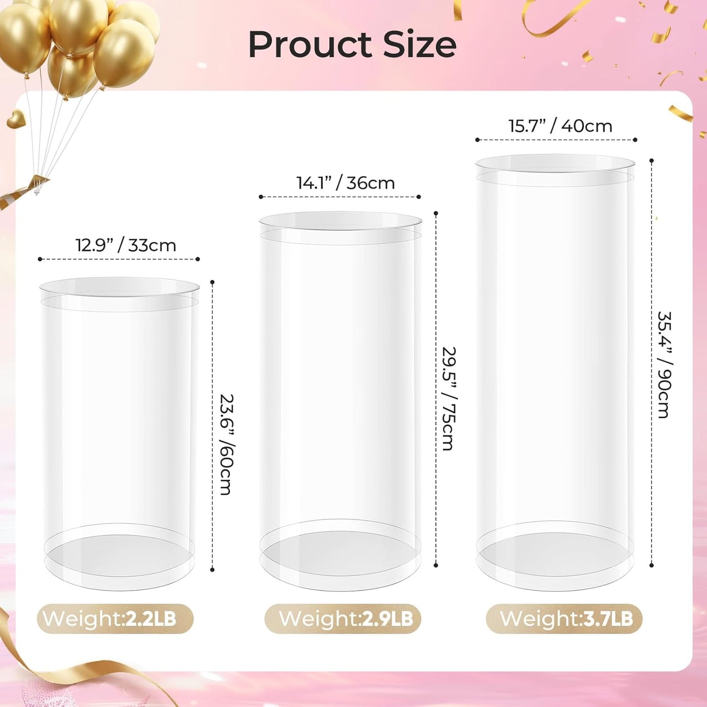 Cylinder Pedestal Stands for Party, 3 Pcs Clear Acrylic Display Pedestals 35.4', 29.5', 23.6'