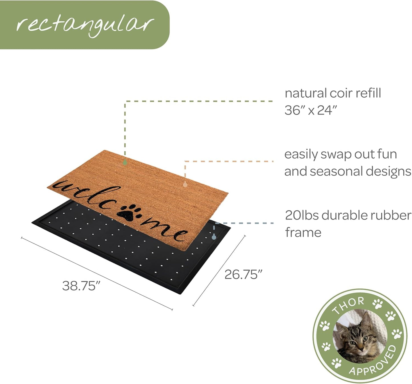 4 Cats and Dogs Rectangular Coir Doormat 27'x39' Welcome and Paw - Includes Coir Insert and Heavy-Duty Non-Slip