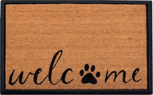 4 Cats and Dogs Rectangular Coir Doormat 27'x39' Welcome and Paw - Includes Coir Insert and Heavy-Duty Non-Slip