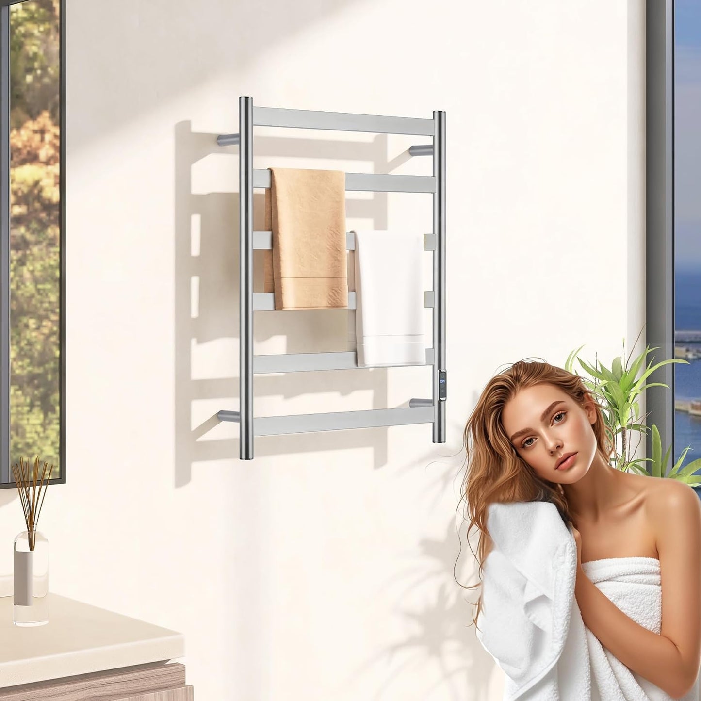 Electric Towel Warmer with Built-in Timer, Wall Mounted Bathroom Heated Towel Rack, Plug-in