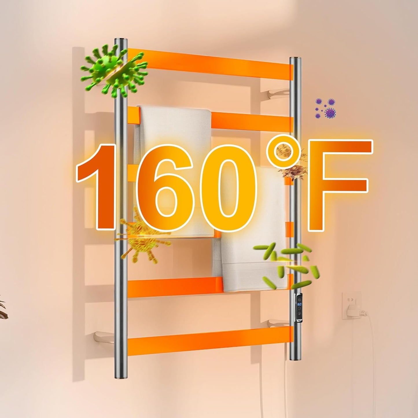 Electric Towel Warmer with Built-in Timer, Wall Mounted Bathroom Heated Towel Rack, Plug-in