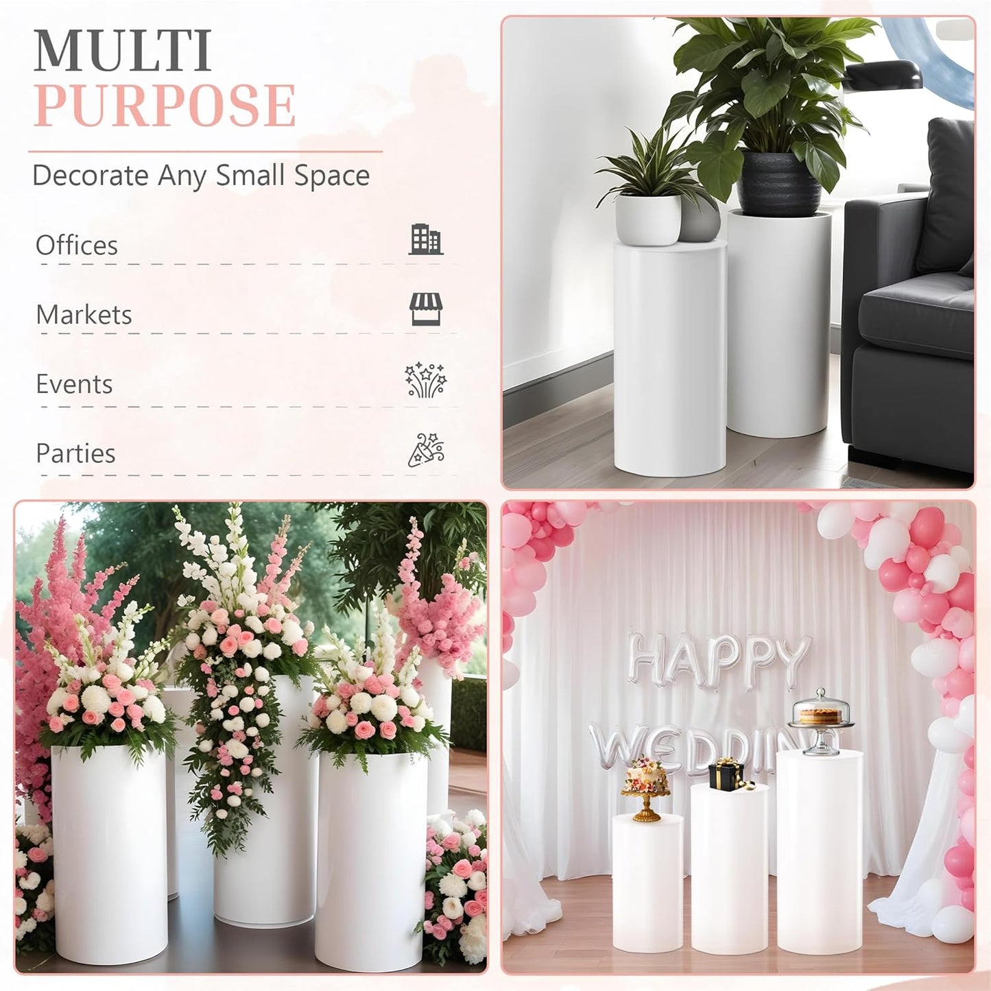 White Cylinder Pedestal Stands, 3 Pieces, White Party Cylinder Table, 35.4'(L), 29.5'(M), 23.6'(S)