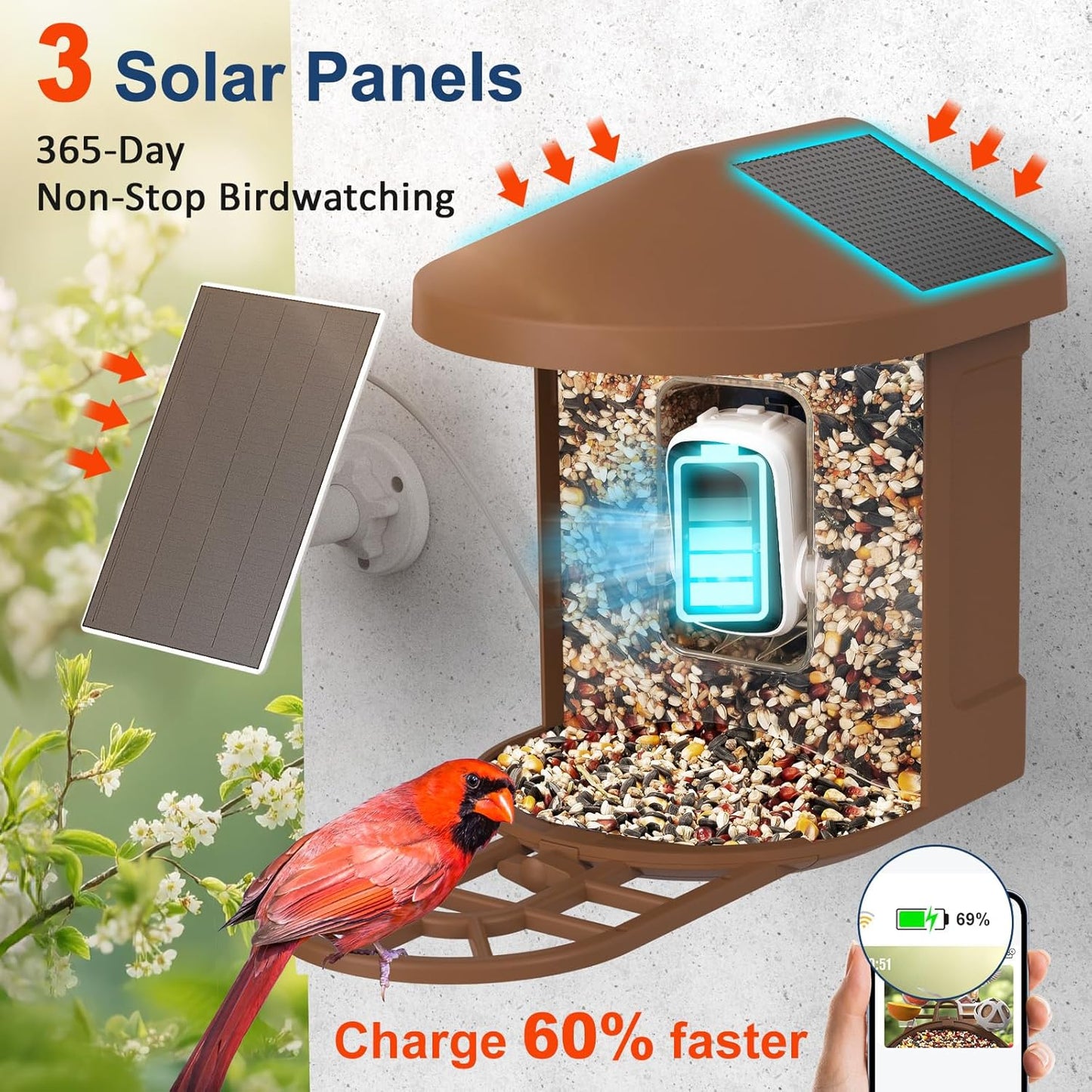 Smart Bird Feeder with Camera, 2K Ultra HD Live Stream, AI Bird ID for 10,000+ Species, 3 Solar Powered, IP65