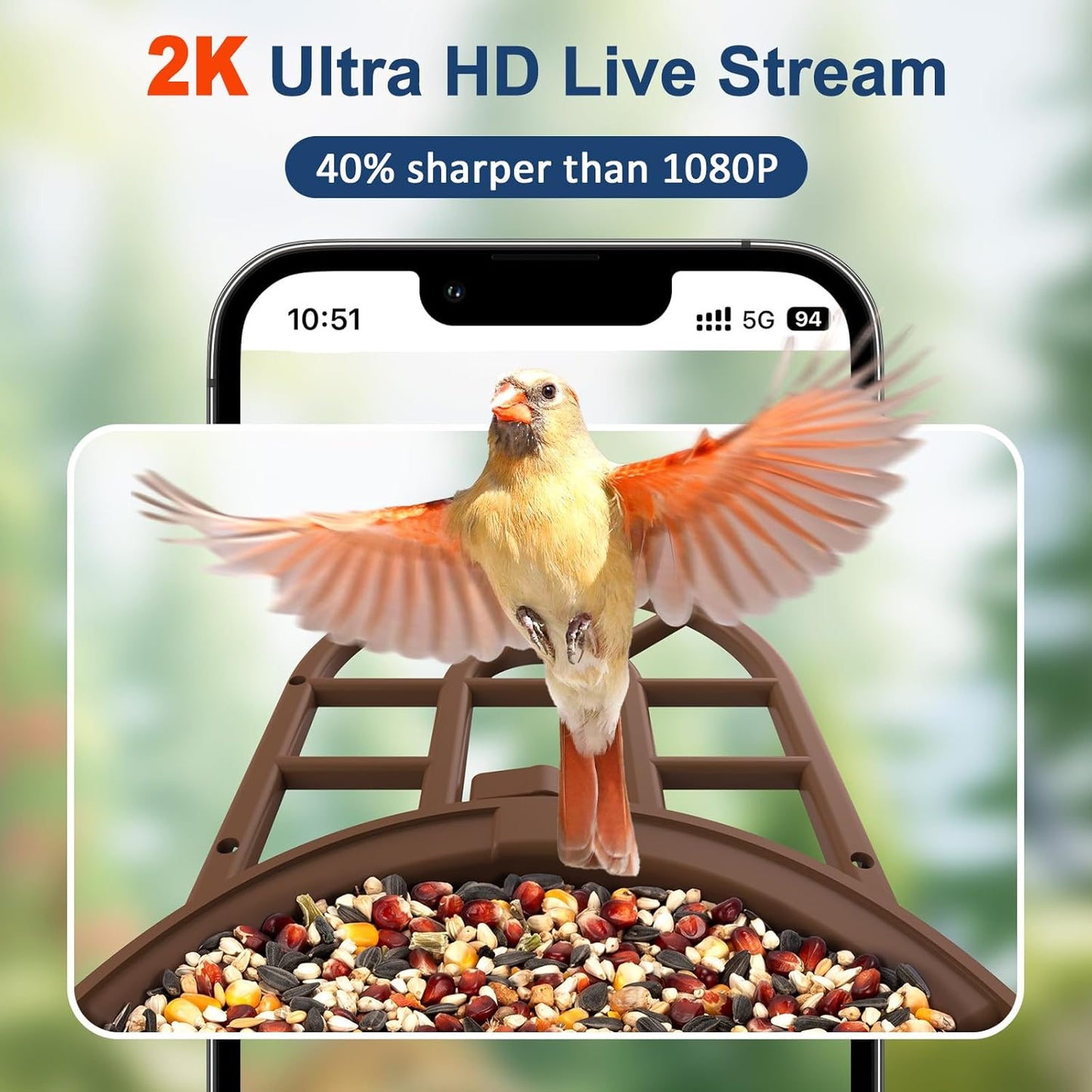 Smart Bird Feeder with Camera, 2K Ultra HD Live Stream, AI Bird ID for 10,000+ Species, 3 Solar Powered, IP65