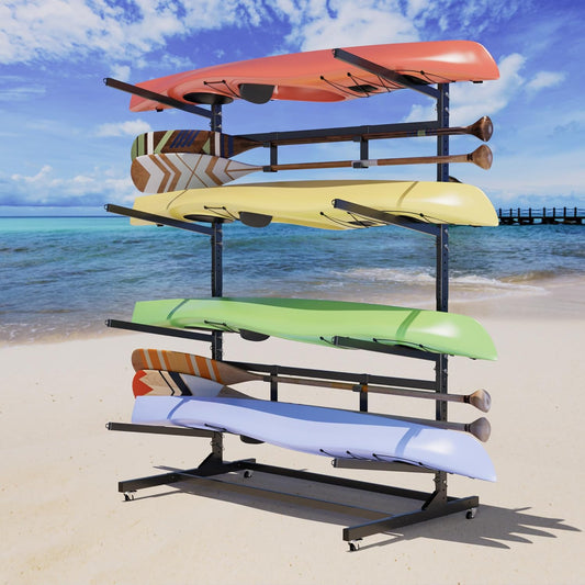 Kayak Storage Rack, Freestanding with Wheels, Heavy Duty Kayak Holder, Adjustable Canoes and Surfboards