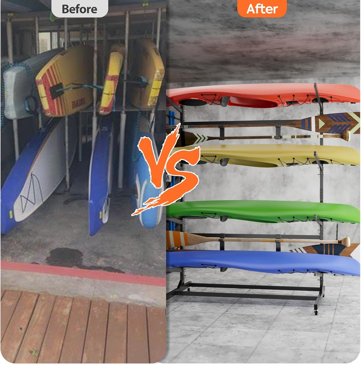 Kayak Storage Rack, Freestanding with Wheels, Heavy Duty Kayak Holder, Adjustable Canoes and Surfboards