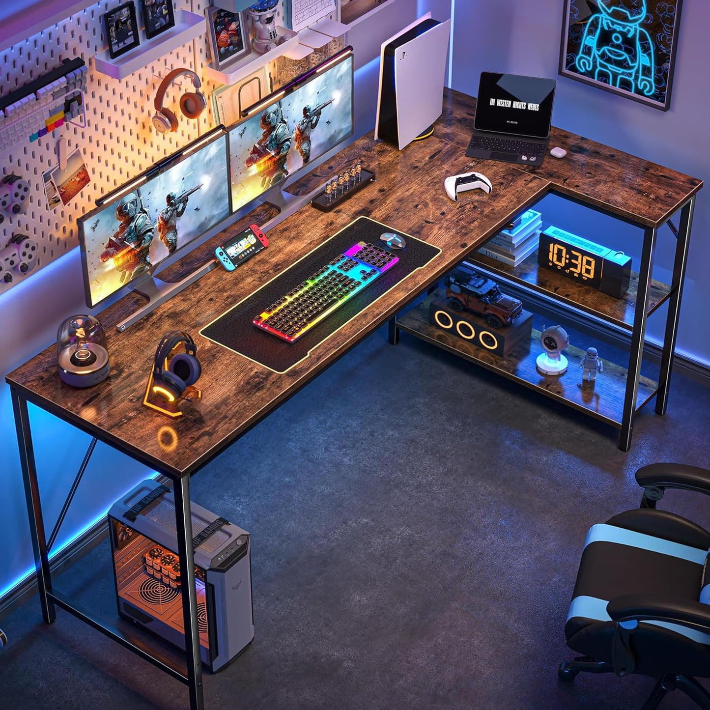 Huuger L Shaped Desk, 63 Inch Gaming Corner Desk with Reversible Storage Shelves