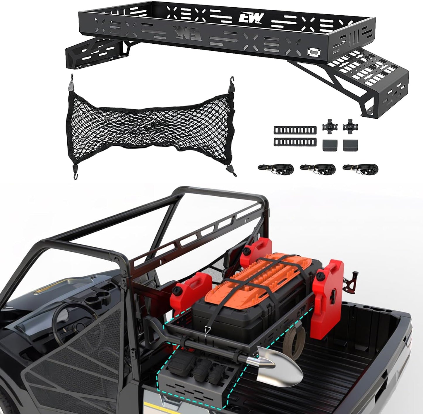 NIXFACE Aluminum Adjustable Universal Overbed Cargo Rack with Cargo Net Fit for Pickup Trucks,UTVs,SUVs,Vans Front & Rear Cargo Basket