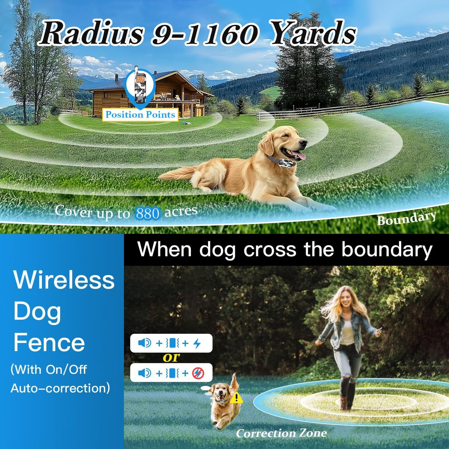 Wireless Dog Fence, Ultrasonic Training Collar, 1160 Yard Adjustable Boundary for Outdoor, 4 Modes Snow Camo
