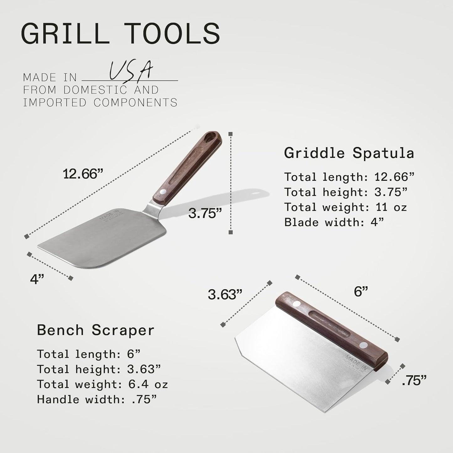 Made In Cookware - 4 Piece Griddle Tools Set - Includes Griddle Spatula, Bench Scraper, Fish Spatula and Pigtail Turner - Brown Linen Micarta Handle