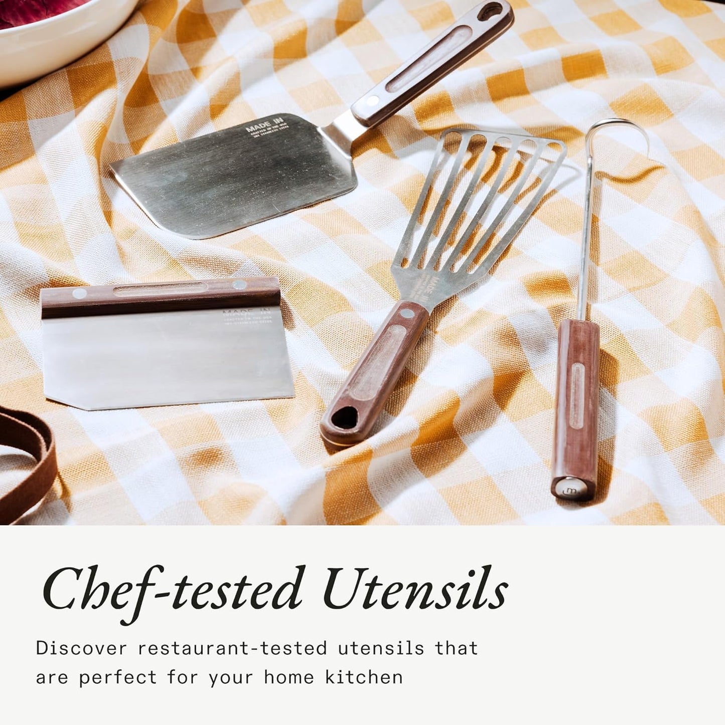 Made In Cookware - 4 Piece Griddle Tools Set - Includes Griddle Spatula, Bench Scraper, Fish Spatula and Pigtail Turner - Brown Linen Micarta Handle