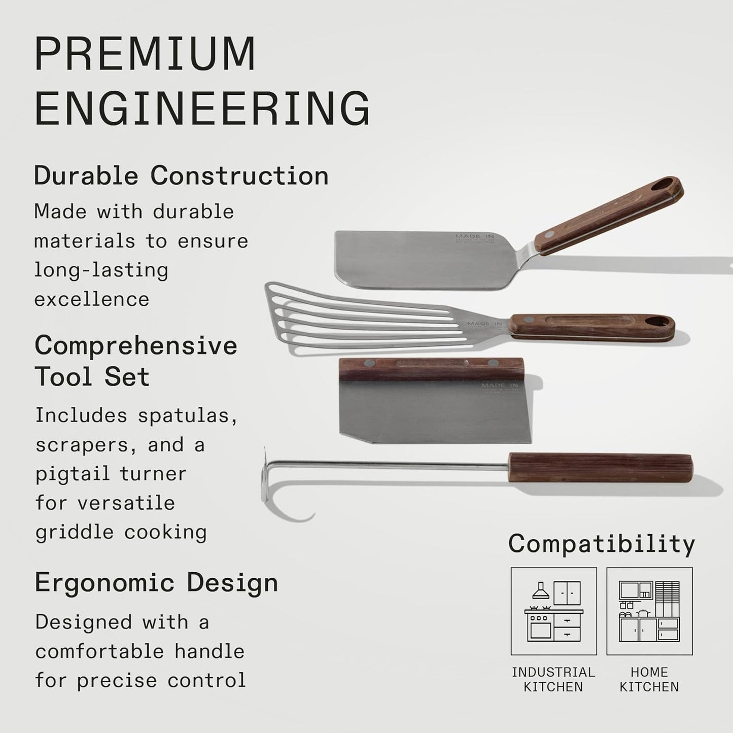 Made In Cookware - 4 Piece Griddle Tools Set - Includes Griddle Spatula, Bench Scraper, Fish Spatula and Pigtail Turner - Brown Linen Micarta Handle