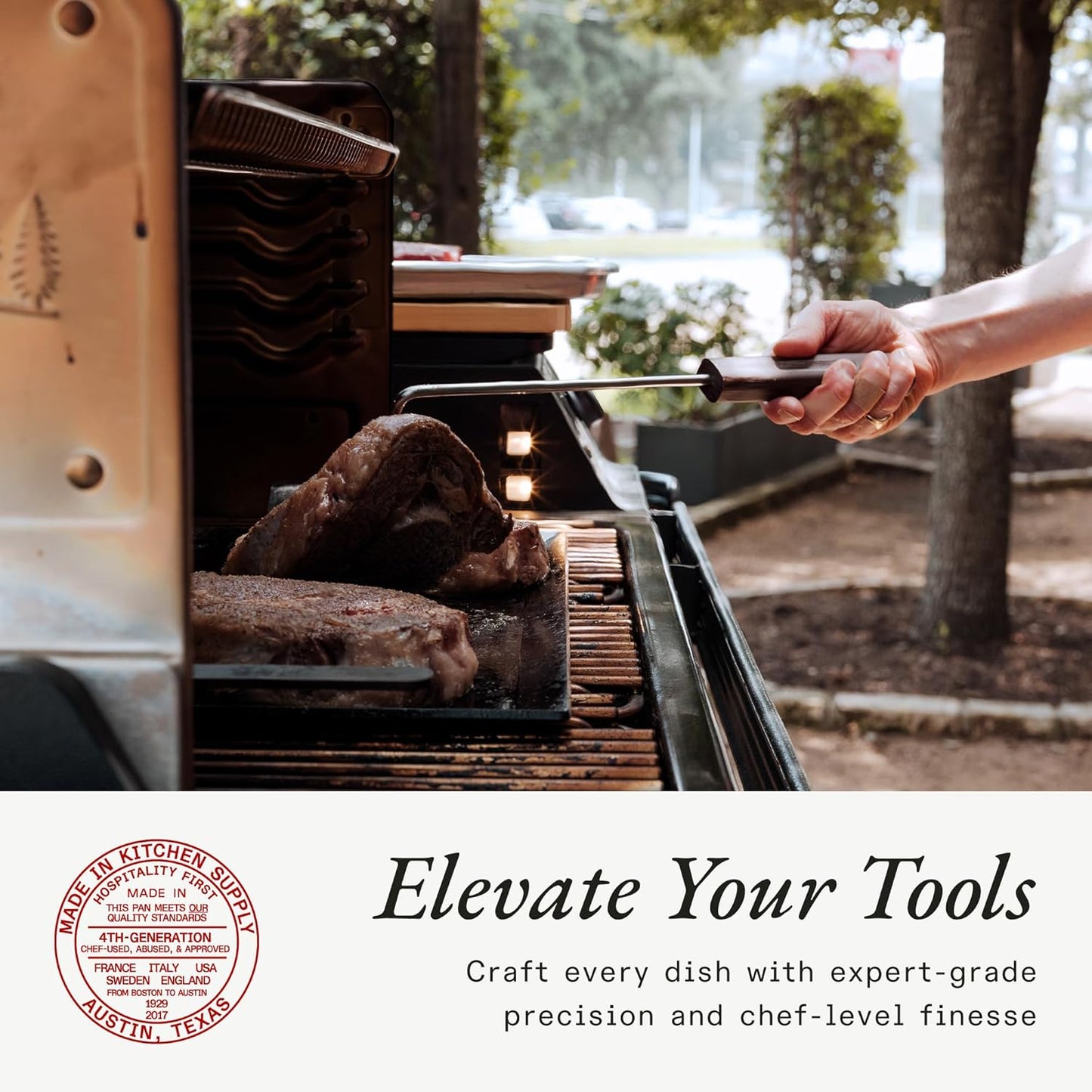 Made In Cookware - 4 Piece Griddle Tools Set - Includes Griddle Spatula, Bench Scraper, Fish Spatula and Pigtail Turner - Brown Linen Micarta Handle