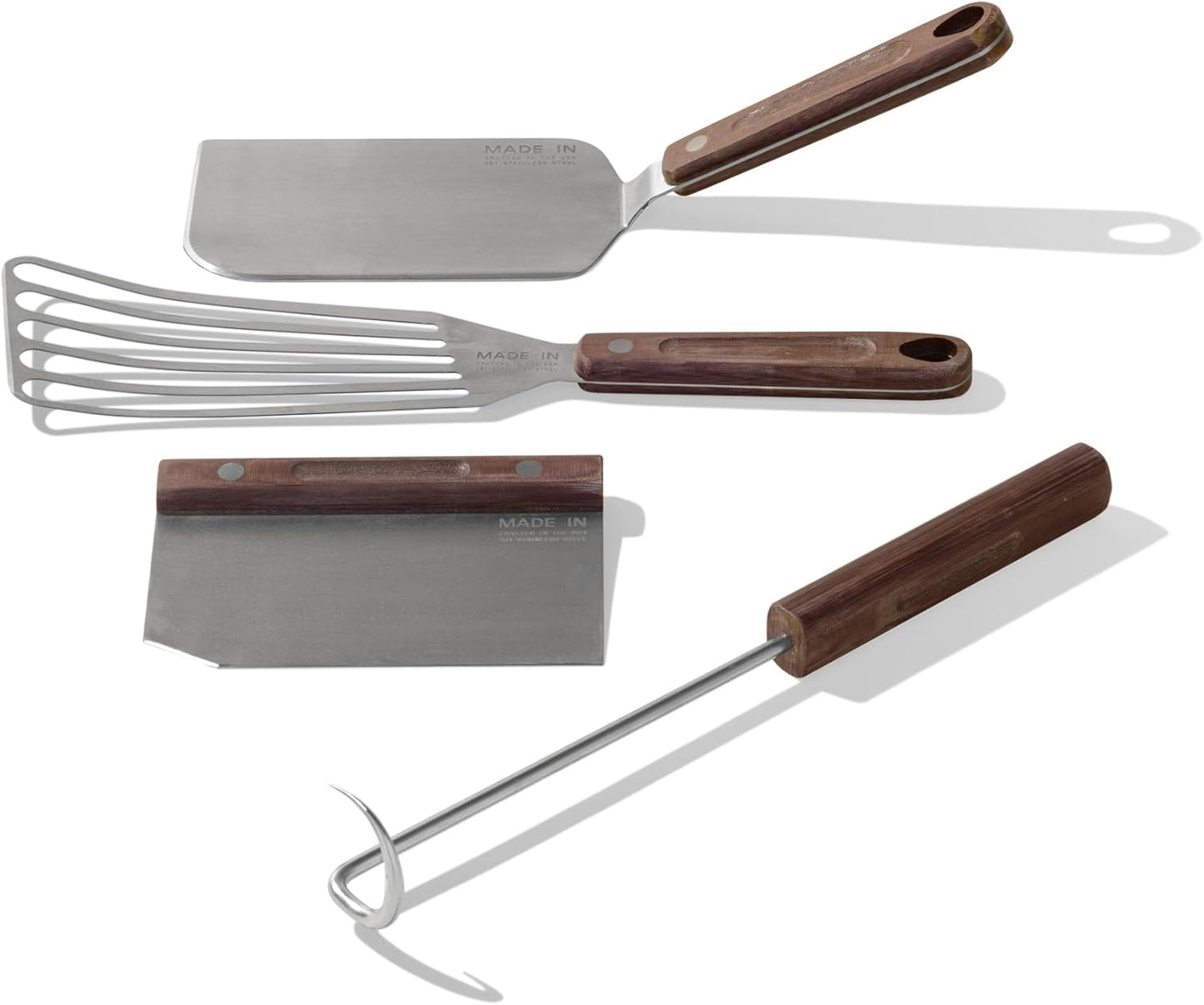 Made In Cookware - 4 Piece Griddle Tools Set - Includes Griddle Spatula, Bench Scraper, Fish Spatula and Pigtail Turner - Brown Linen Micarta Handle