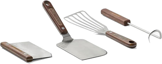 Made In Cookware - 4 Piece Griddle Tools Set - Includes Griddle Spatula, Bench Scraper, Fish Spatula and Pigtail Turner - Brown Linen Micarta Handle