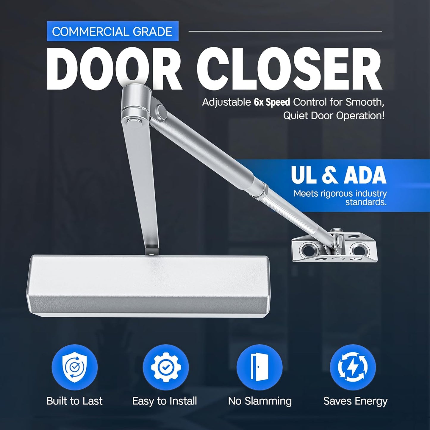 Ridge Products Adjustable 1-6 Heavy Duty Door Closer | ADA Compliant ANSI Grade 1, and UL 3 Hour Fire Rated | Commercial Door Closer for External and