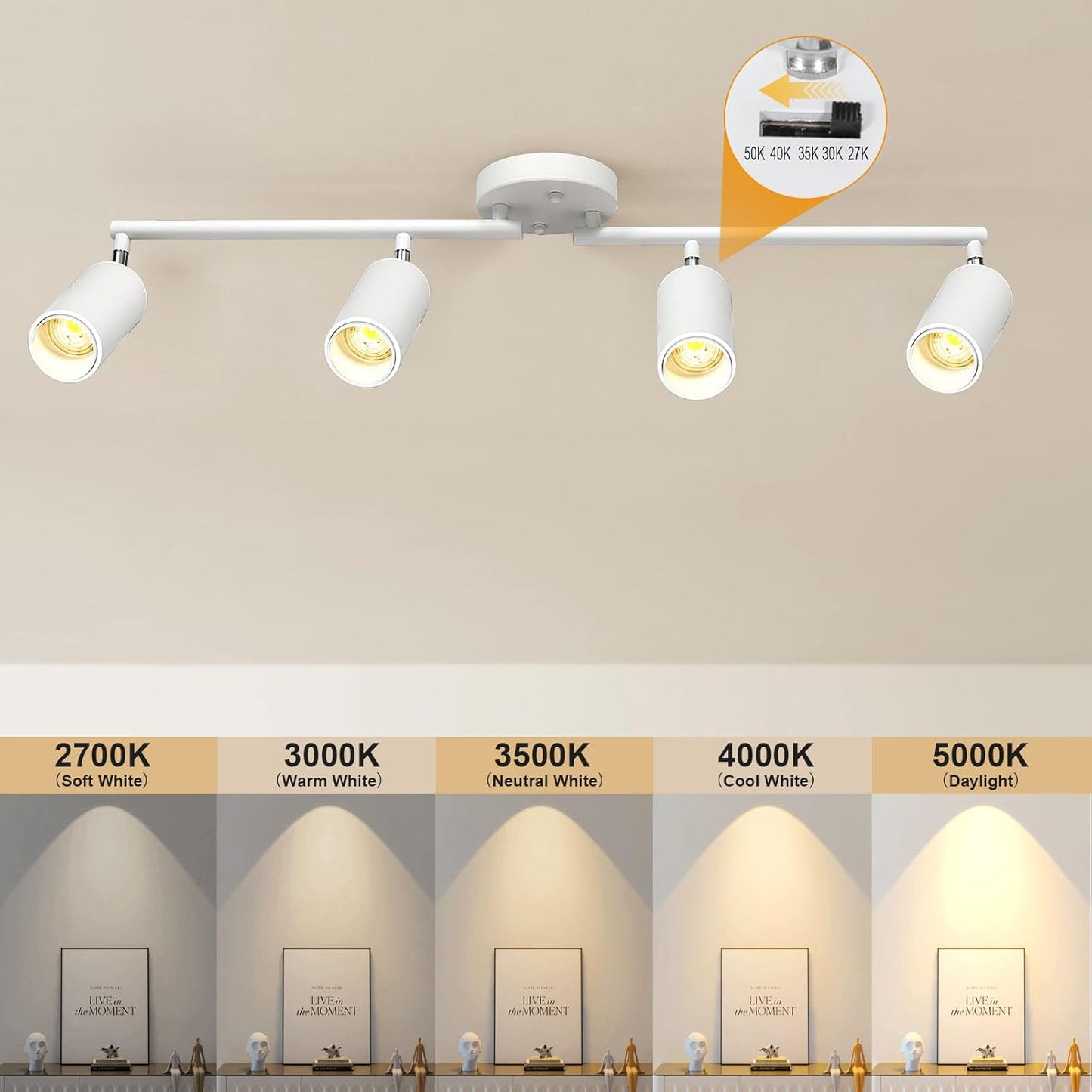 5 Color LED Track Lighting Kit, 4 Lights Dimmable 48W, Zoomable 2700K/3000K/3500K4000K/5000K
