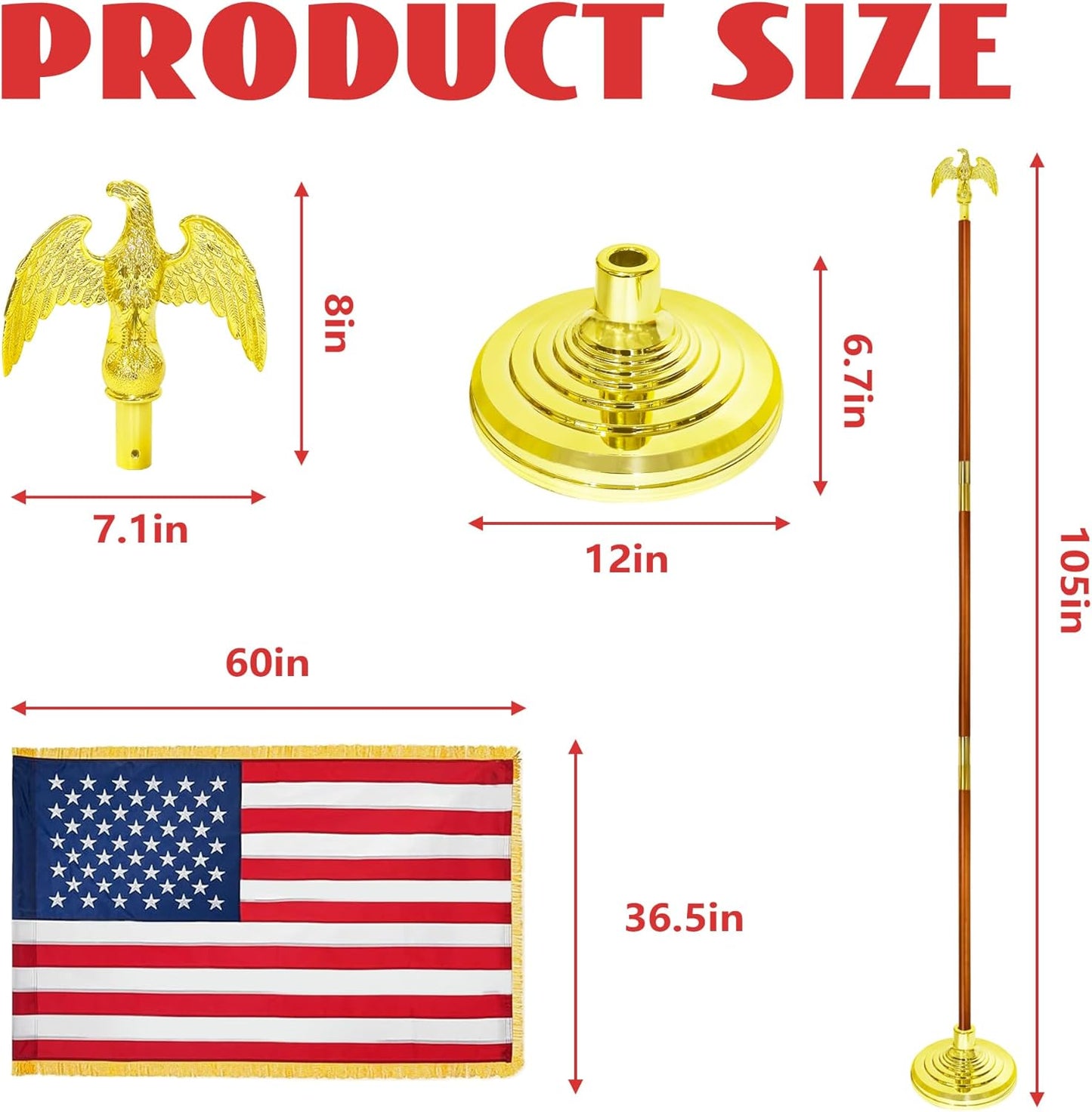 American Flag and Pole 8.8ft, Indoor Flag Pole Kit, Oak Flagpole Set with Eagle Topper