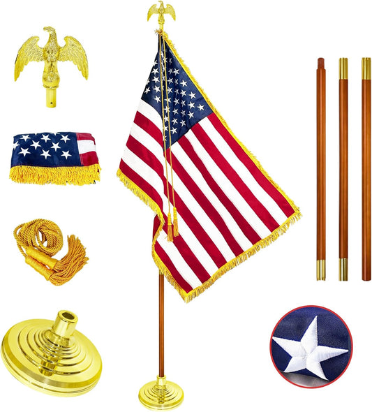 American Flag and Pole 8.8ft, Indoor Flag Pole Kit, Oak Flagpole Set with Eagle Topper