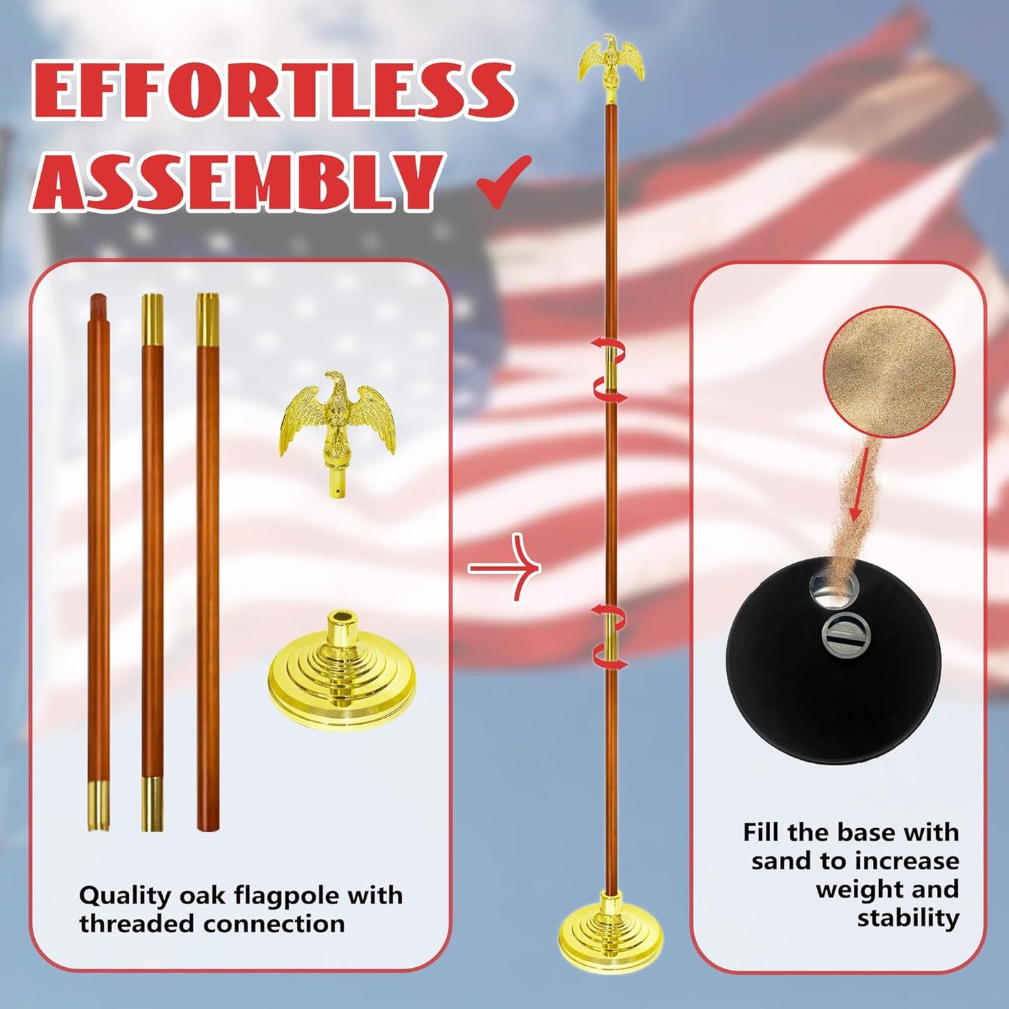 American Flag and Pole 8.8ft, Indoor Flag Pole Kit, Oak Flagpole Set with Eagle Topper