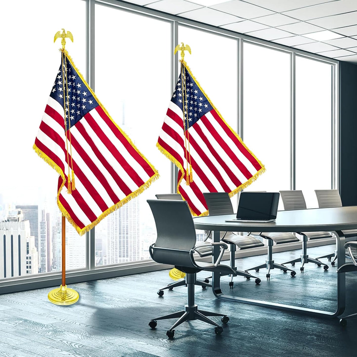 American Flag and Pole 8.8ft, Indoor Flag Pole Kit, Oak Flagpole Set with Eagle Topper