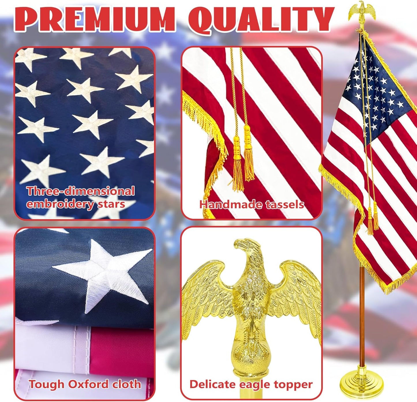 American Flag and Pole 8.8ft, Indoor Flag Pole Kit, Oak Flagpole Set with Eagle Topper