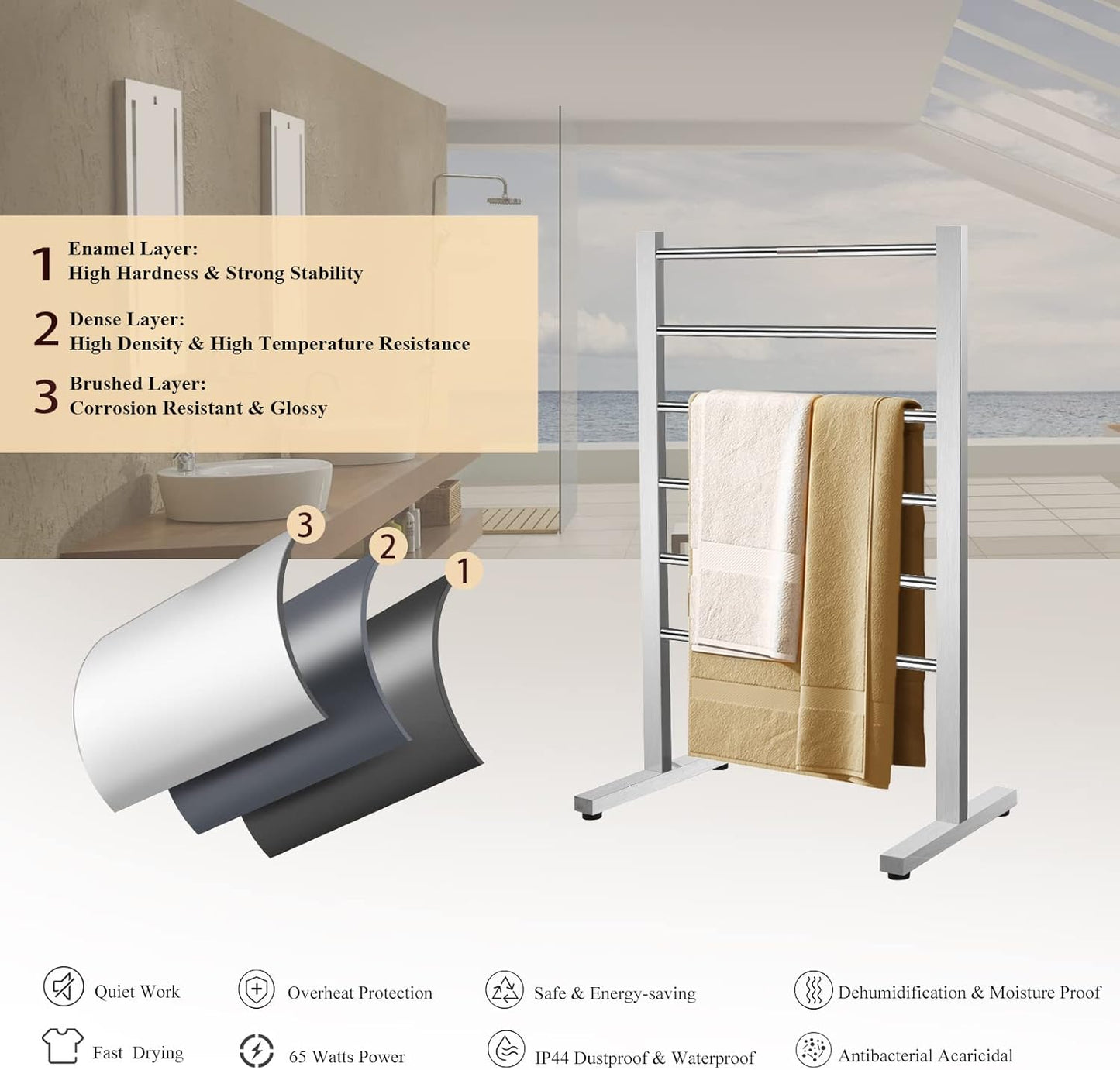 SHARNDY Portable Electric Towel Warmer ETW78-1 Freestanding Drying Rack for Home Bathroom Stainless Steel Brushed Nickel, 6 Bars, 65W