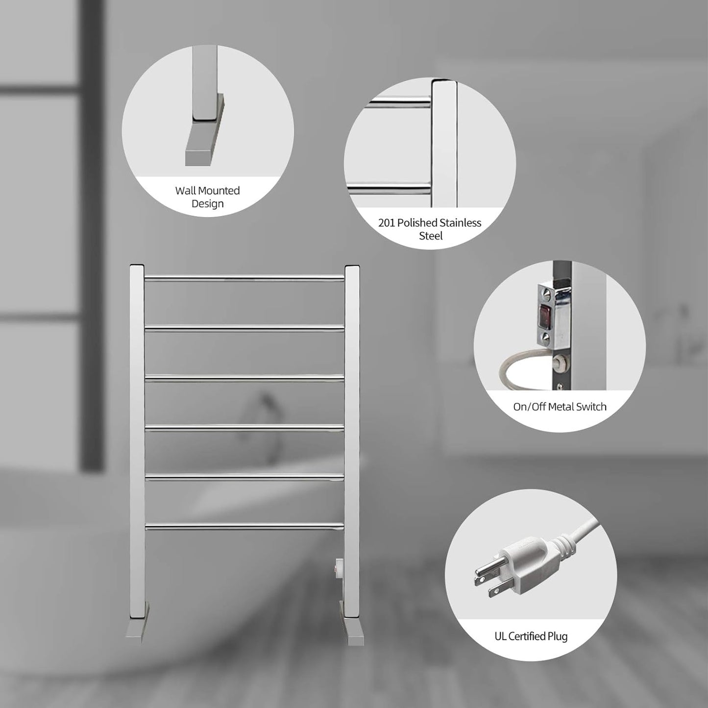 SHARNDY Portable Electric Towel Warmer ETW78-1 Freestanding Drying Rack for Home Bathroom Stainless Steel Brushed Nickel, 6 Bars, 65W