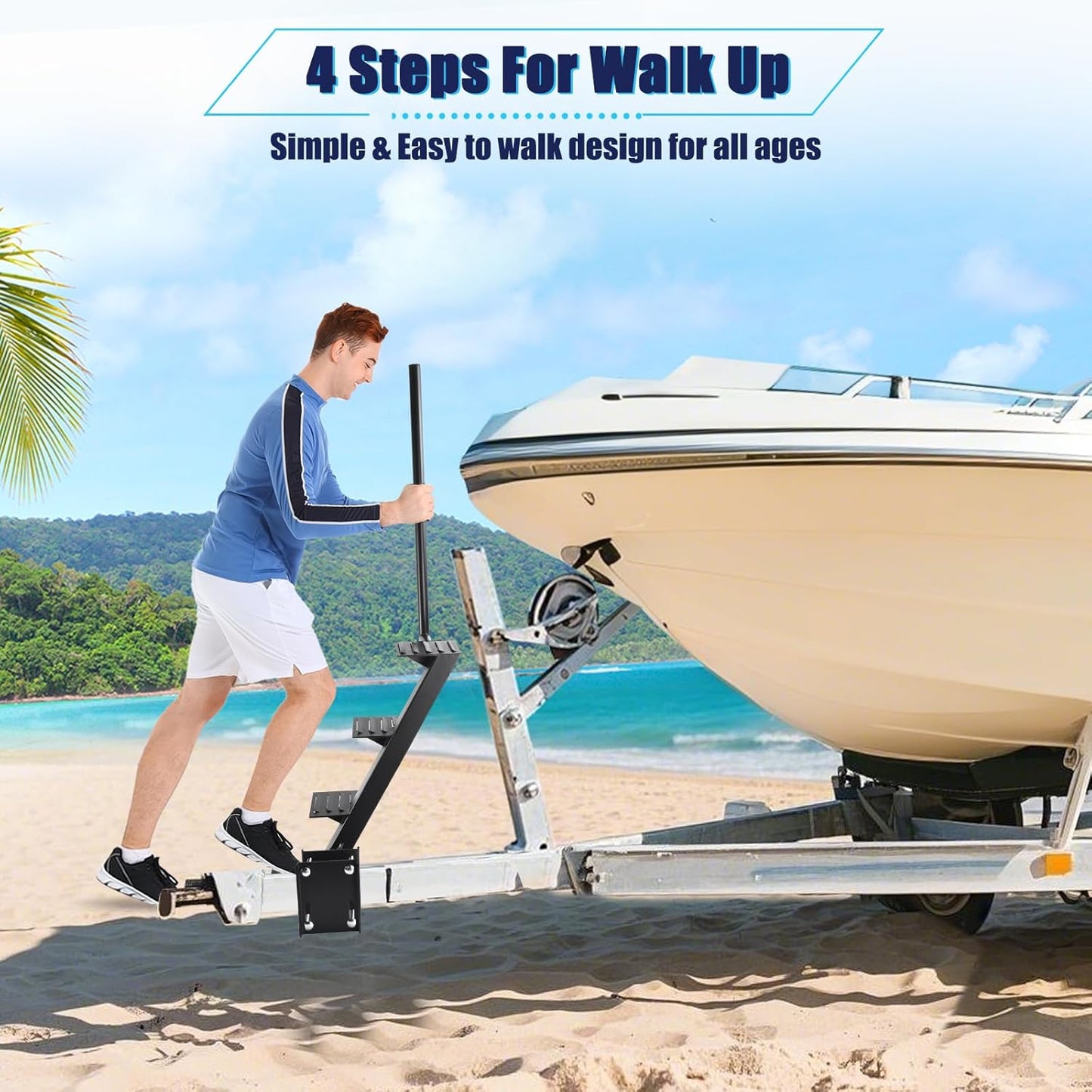 Trailer Steps, Heavy Duty Boat Trailer Steps, Suitable for 4 x 4 inches Trailer Frame, Black