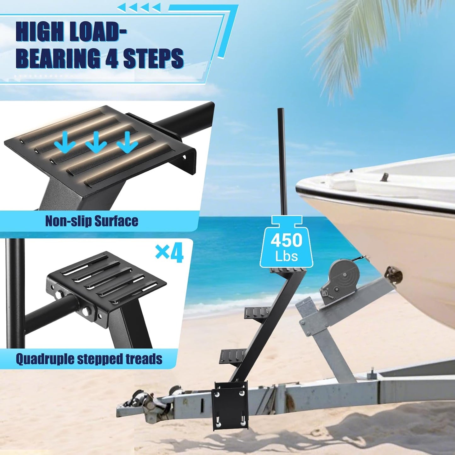 Trailer Steps, Heavy Duty Boat Trailer Steps, Suitable for 4 x 4 inches Trailer Frame, Black
