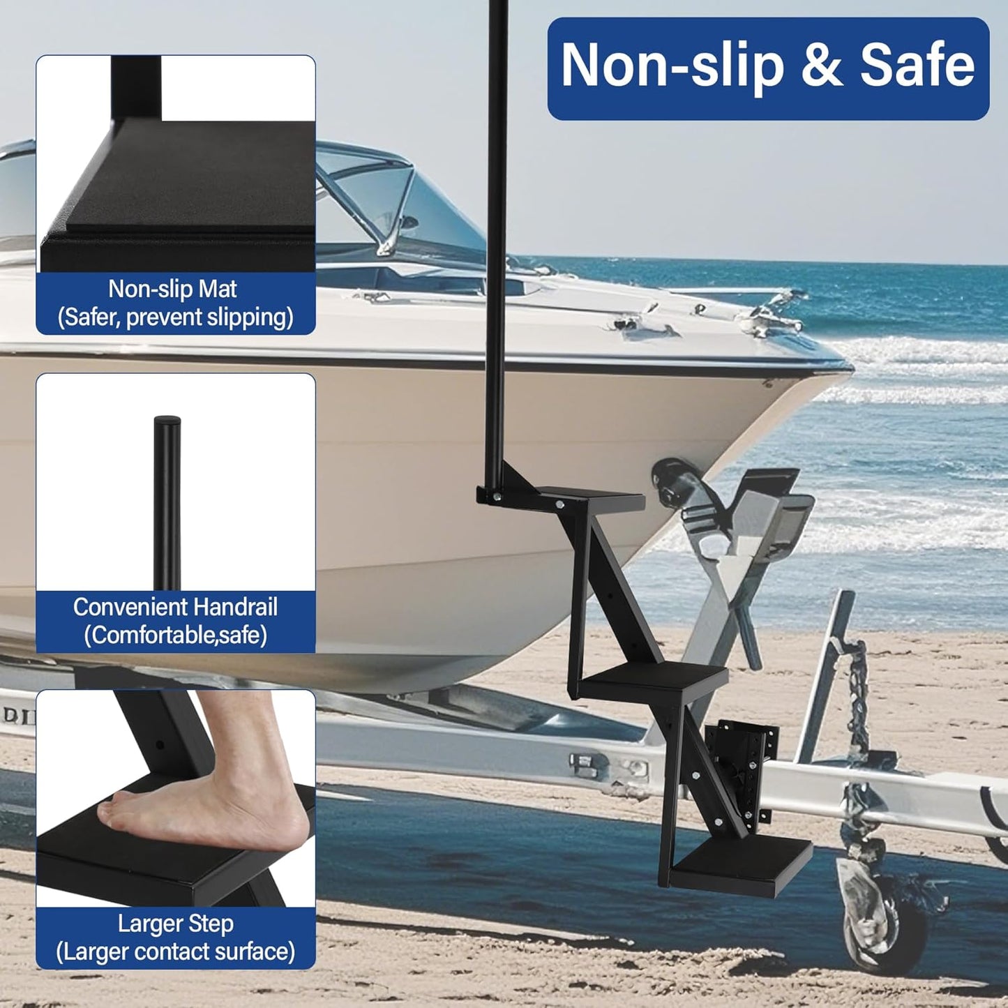 Neorexon Boat Trailer Steps 3 Step w/Anti-Slip Mat & Handrail, 450LBS Capacity Boat Steps, Universal Fit Boat Trailer Tongue Steps, Flexible Step