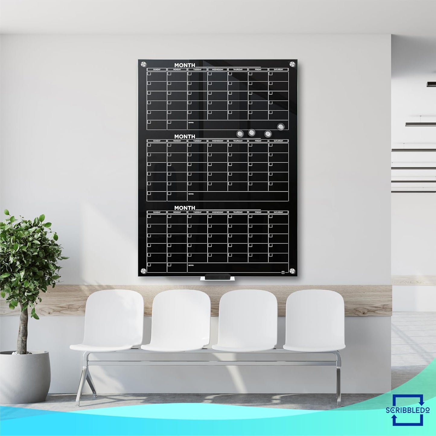 Black Glass Whiteboard Calendar 34'x46' Quarterly Planner Dry Erase Board, 3 Month