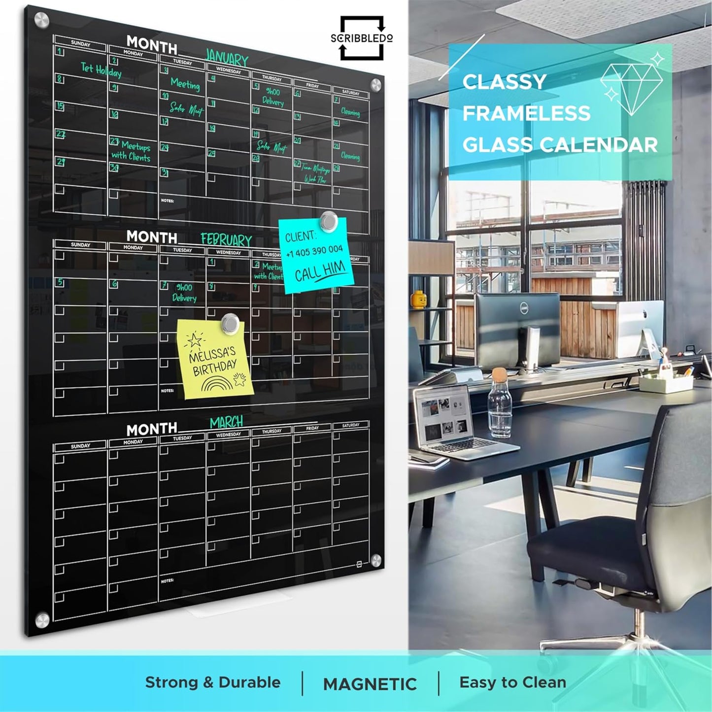 Black Glass Whiteboard Calendar 34'x46' Quarterly Planner Dry Erase Board, 3 Month