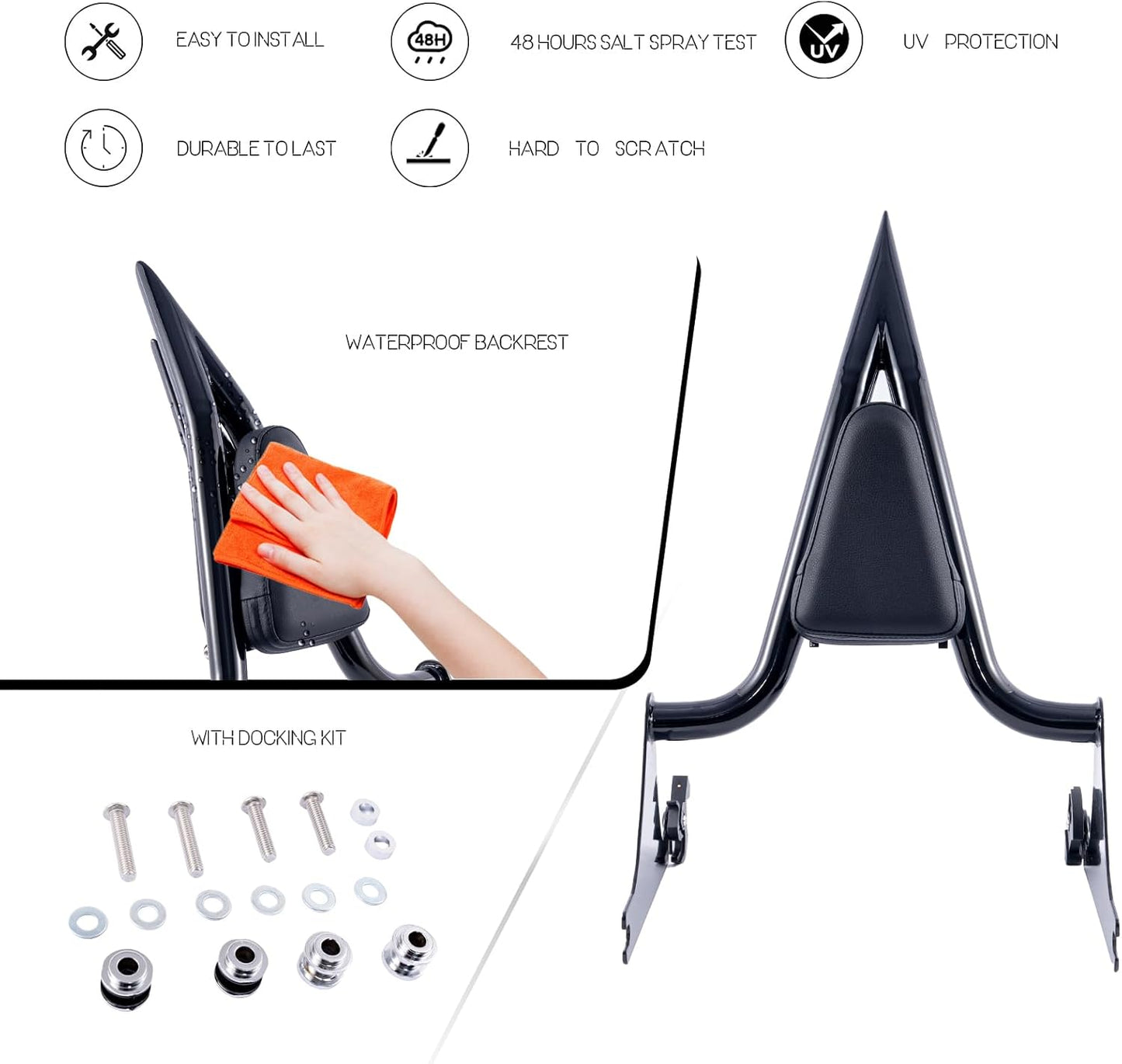 Kinglemc Adjustable One-Piece Sissy Bar Luggage Rack Passenger Backrest with Lock for Harley Breakout FXSB FXSE FXST(Gloss Black)