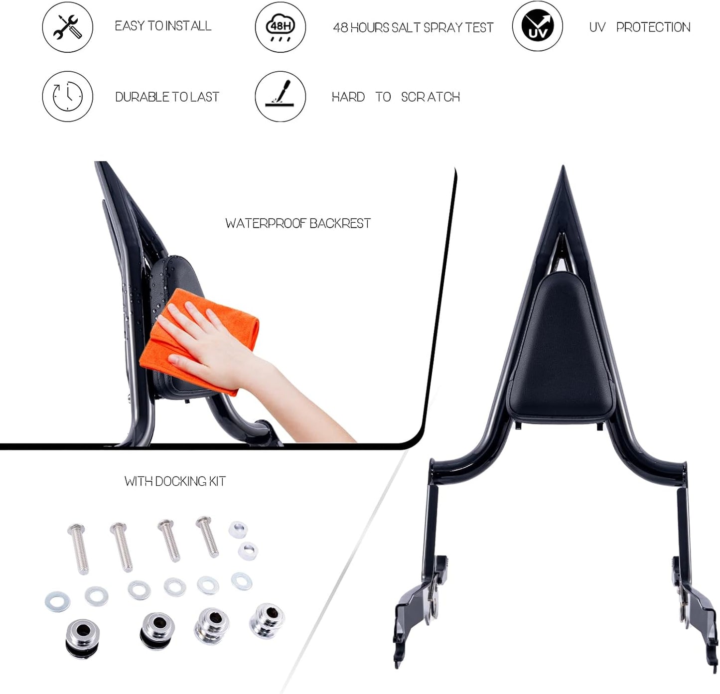Adjustable One-Piece Sissy Bar/Luggage Rack/Passenger Backrest w/Lock for Harley Davidson, Gloss Black 18-23