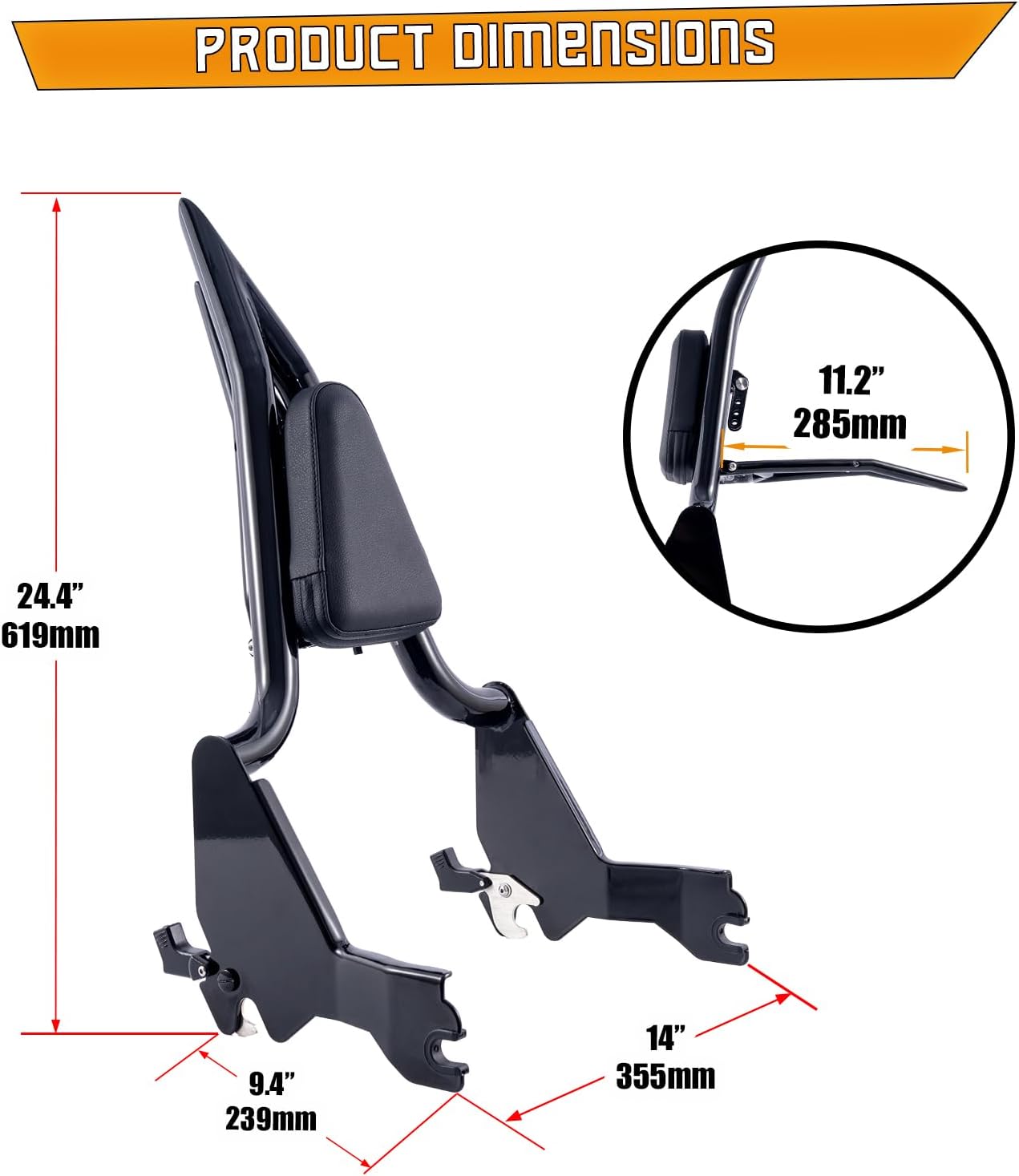 Adjustable One-Piece Sissy Bar/Luggage Rack/Passenger Backrest w/Lock for Harley Davidson, Gloss Black 18-23