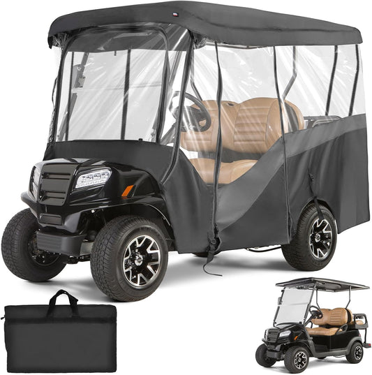 KEMIMOTO Golf Cart Enclosure, 4&6 Passenger Golf Cart Rain Cover, 600D Waterproof Driving Enclosure with Clear PVC Windshield for Extended Roof