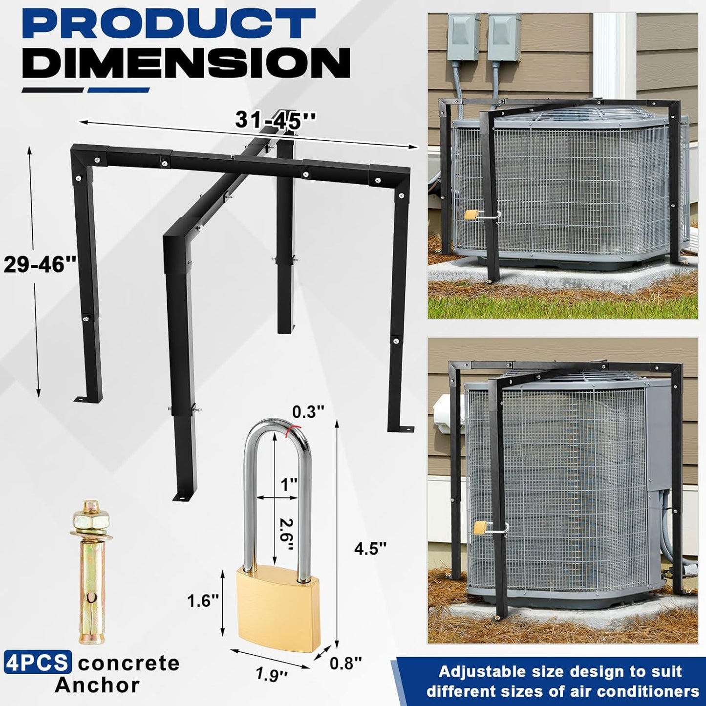 Air Conditioner Security Cage Adjustable Height 29-46' and Width 31-45' for Round or Square Shape with Lock Key