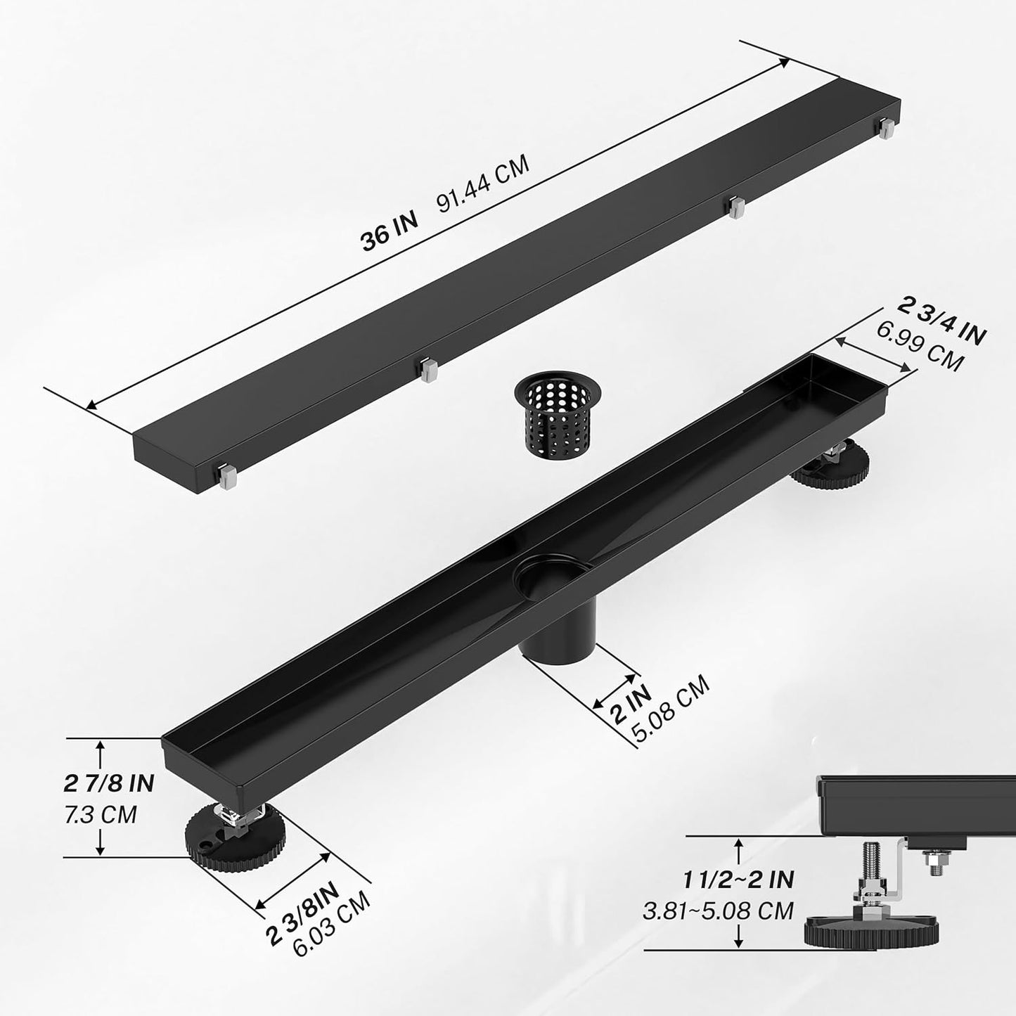 Linear Shower Drain. 36 Inch Shower Trench Drain with 2-in-1 Flat Cover and Cover,304 Stainless Steel