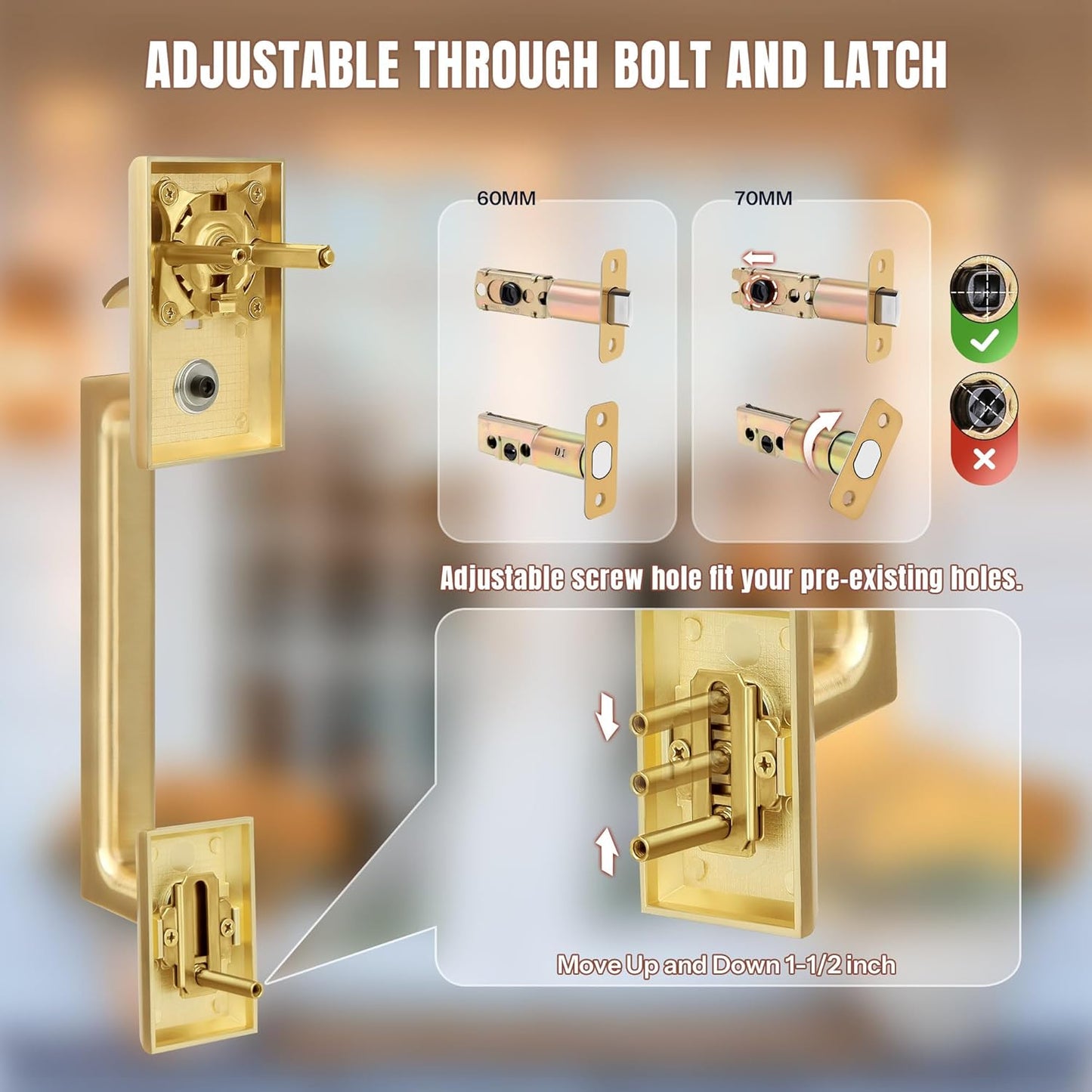 Brushed Gold Double Front Door Lock Set, Keyed Entry Front Door Handle set with Dummy, Square Heavy Duty