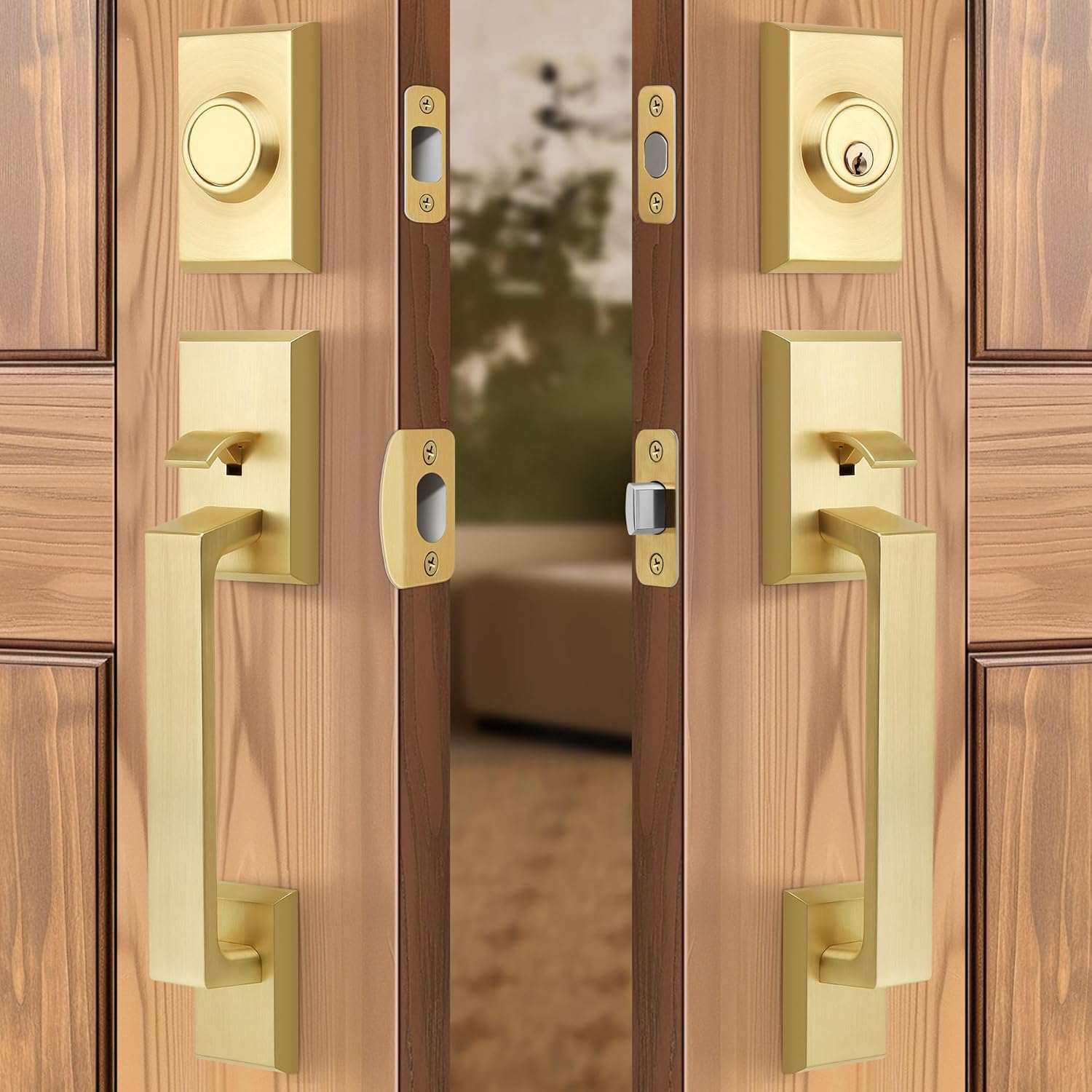 Brushed Gold Double Front Door Lock Set, Keyed Entry Front Door