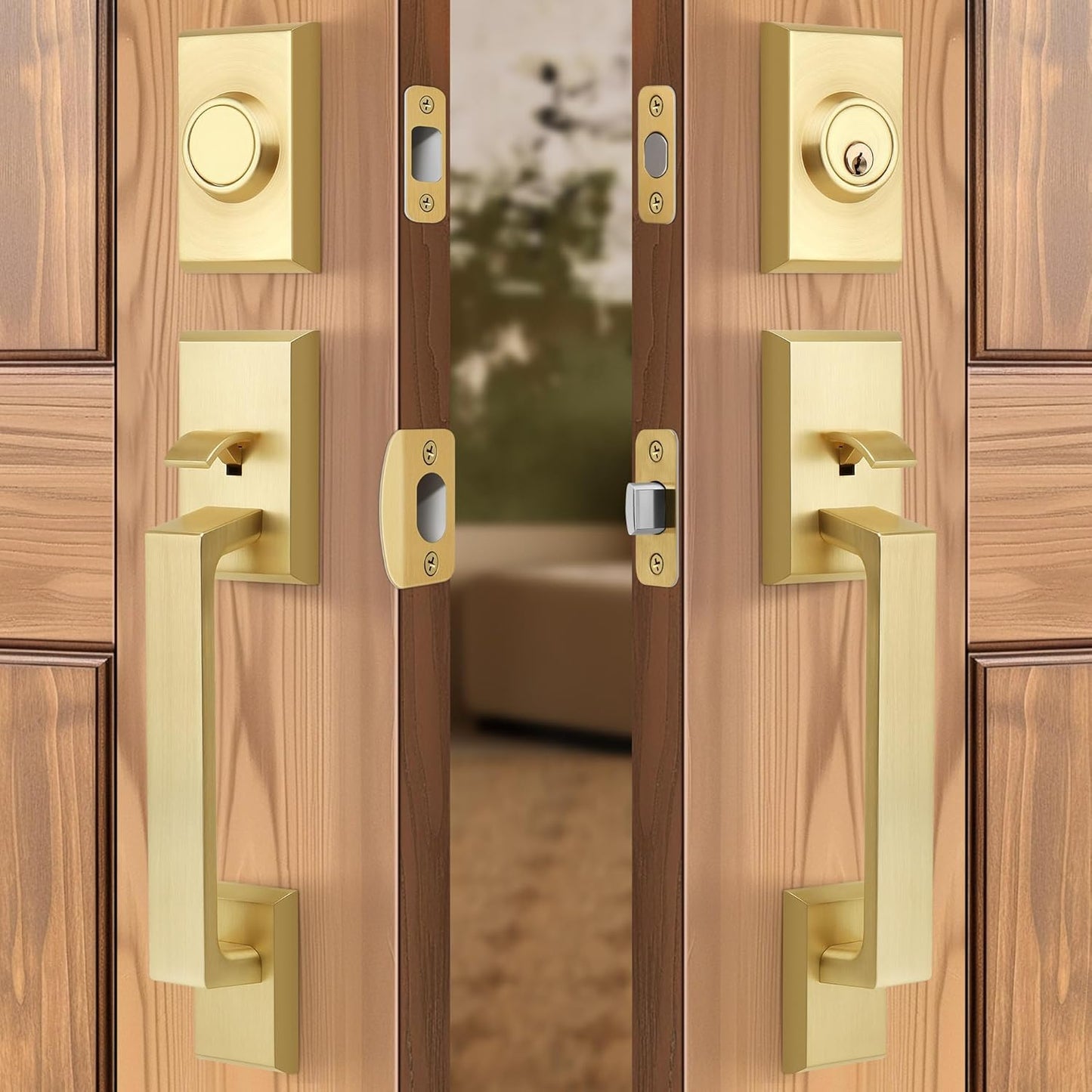Brushed Gold Double Front Door Lock Set, Keyed Entry Front Door Handle set with Dummy, Square Heavy Duty