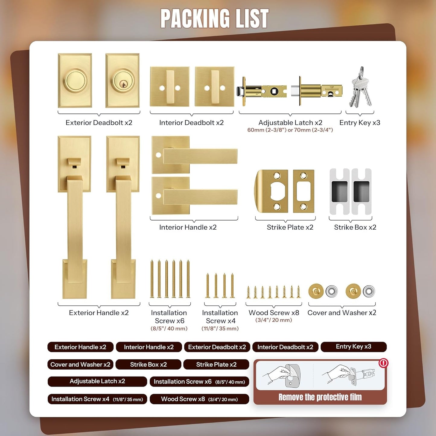 Brushed Gold Double Front Door Lock Set, Keyed Entry Front Door Handle set with Dummy, Square Heavy Duty