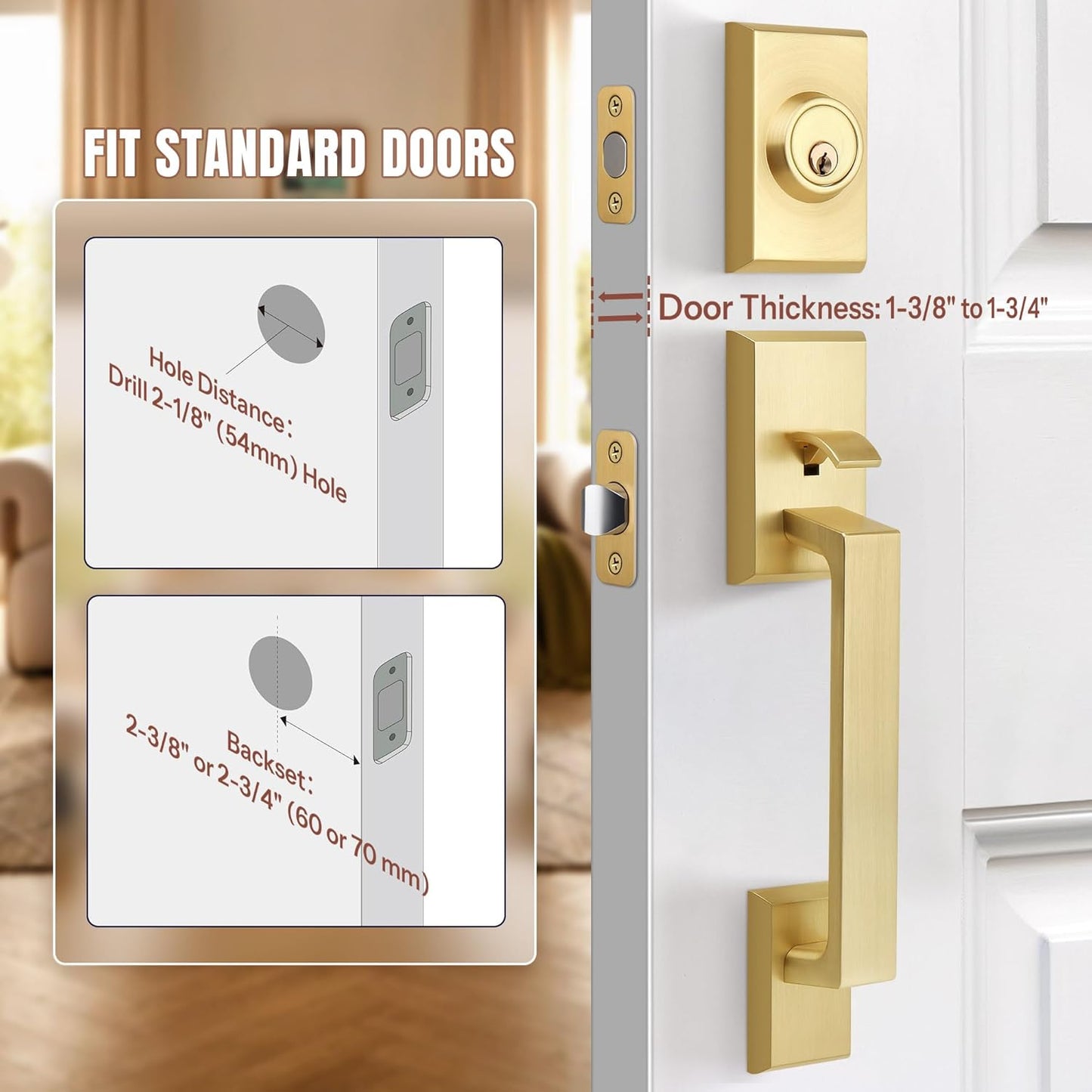Brushed Gold Double Front Door Lock Set, Keyed Entry Front Door Handle set with Dummy, Square Heavy Duty