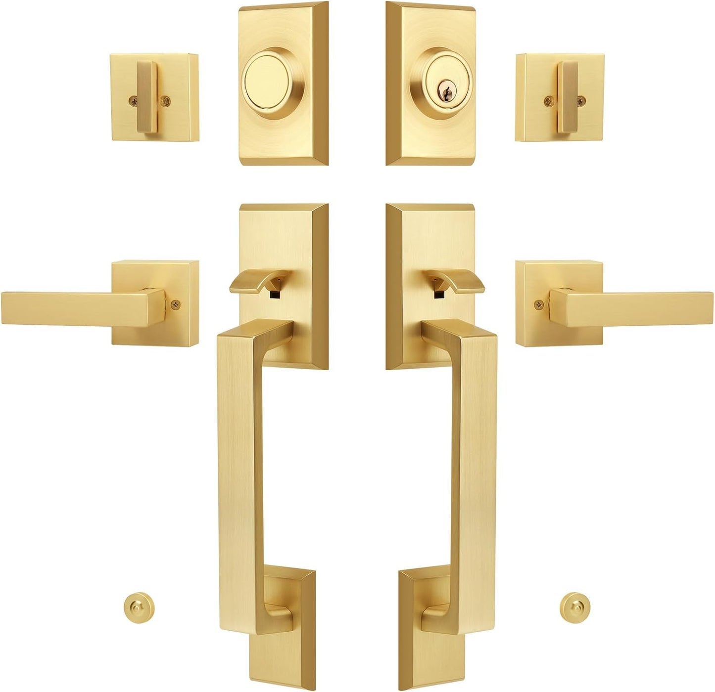 Brushed Gold Double Front Door Lock Set, Keyed Entry Front Door Handle set with Dummy, Square Heavy Duty
