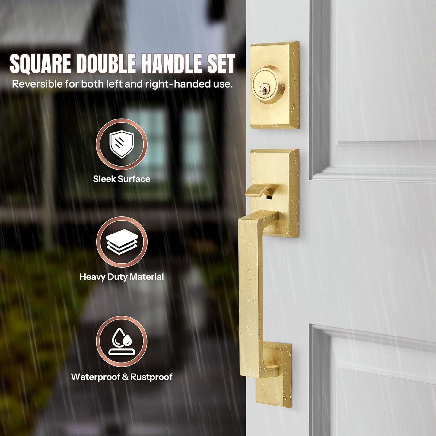 Brushed Gold Double Front Door Lock Set, Keyed Entry Front Door Handle set with Dummy, Square Heavy Duty