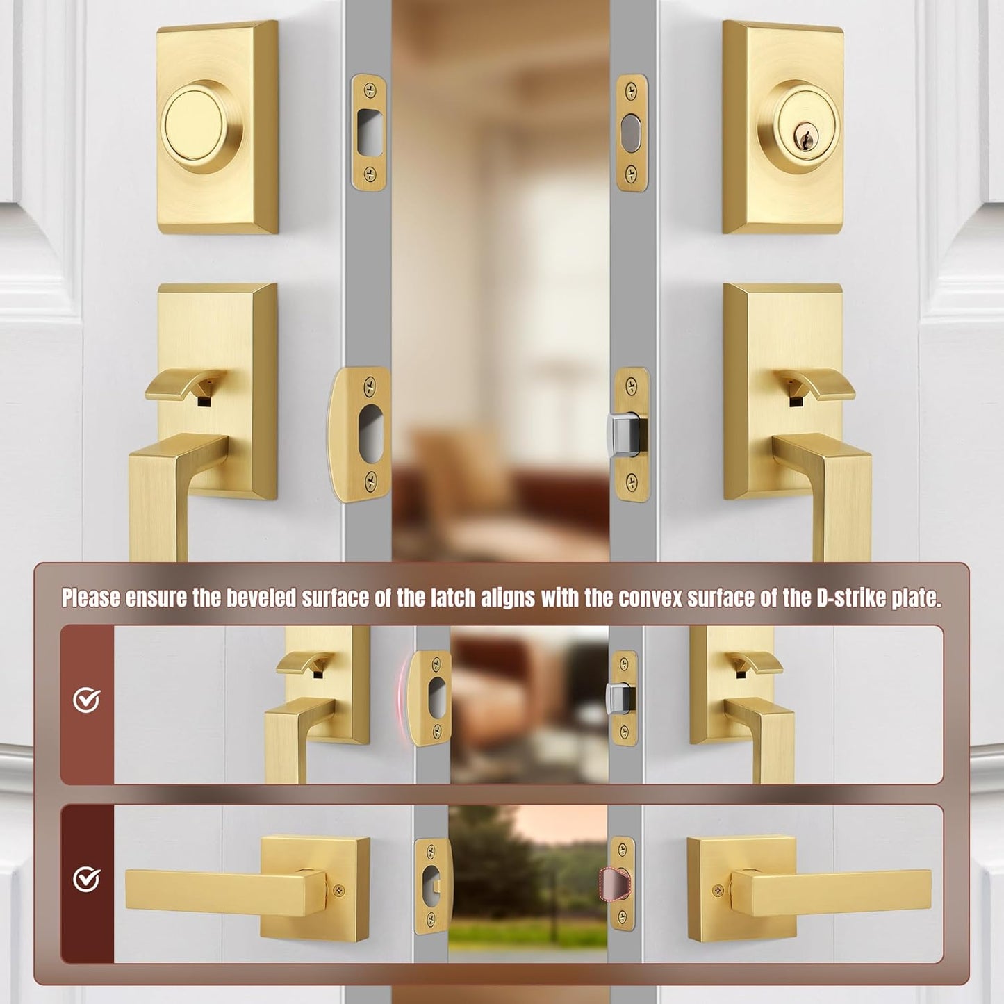 Brushed Gold Double Front Door Lock Set, Keyed Entry Front Door Handle set with Dummy, Square Heavy Duty
