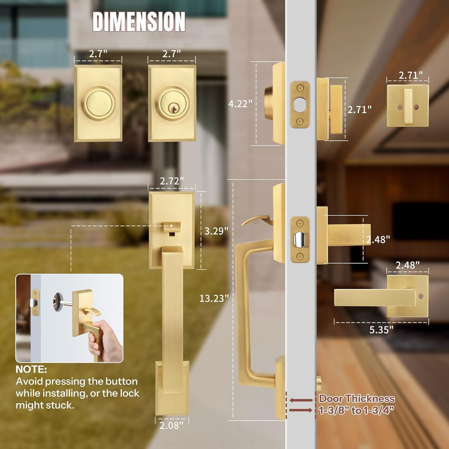 Brushed Gold Double Front Door Lock Set, Keyed Entry Front Door Handle set with Dummy, Square Heavy Duty